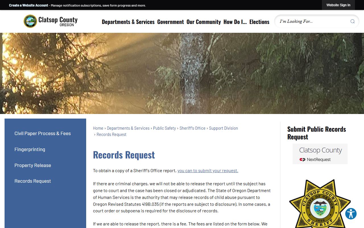 Clatsop County arrest records sheriff records request