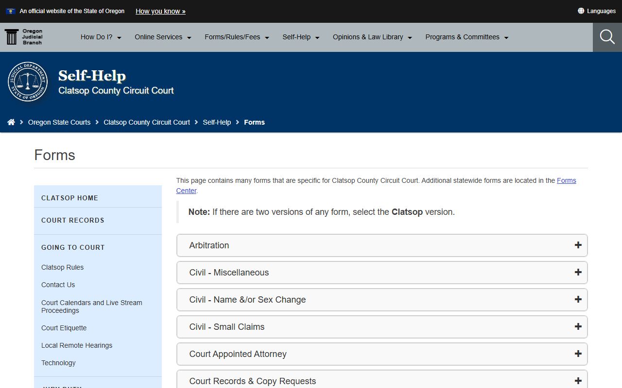 Clatsop County court dockets court forms page