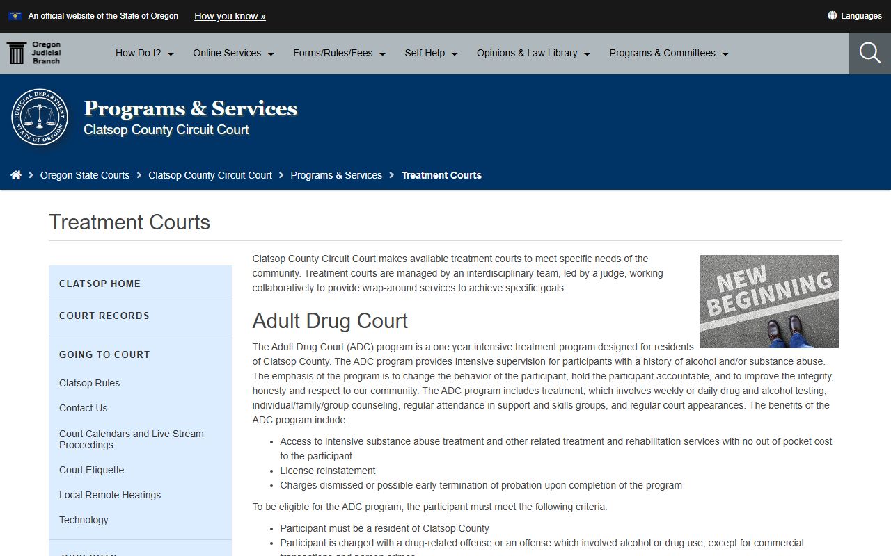 Clatsop County court dockets treatment courts page