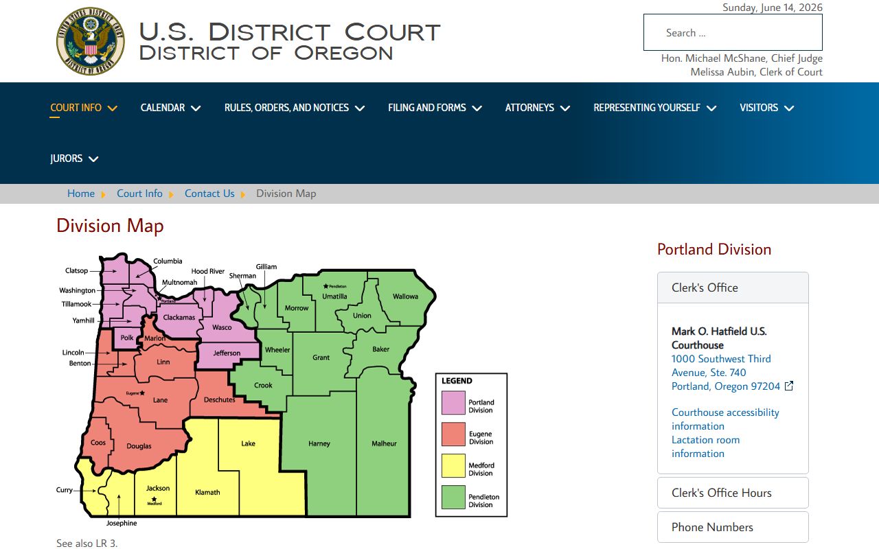 Clatsop County court dockets District of Oregon division map
