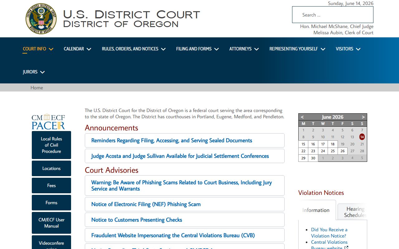 Clatsop County court dockets U.S. District Court for Oregon