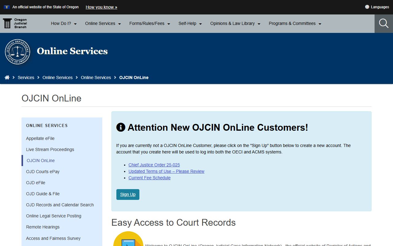 Clatsop County court records OJCIN Online access page