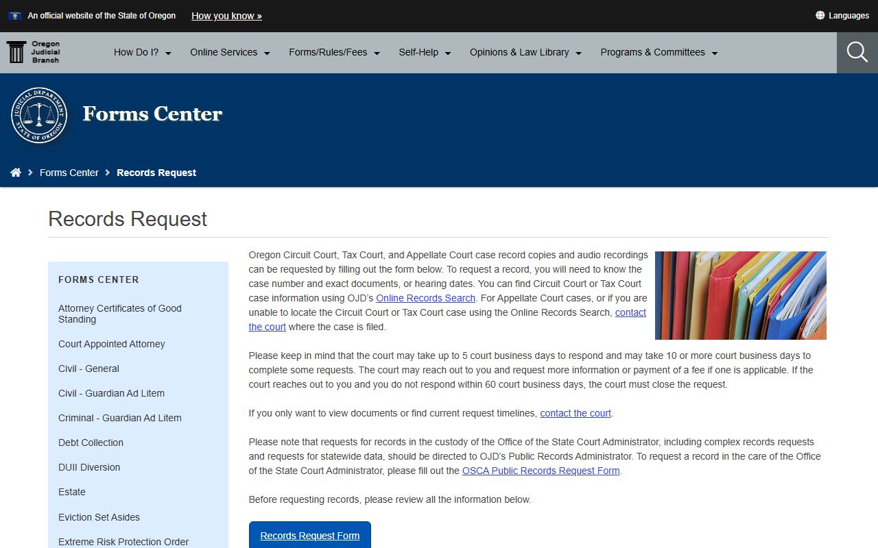 Clatsop County court records OJD statewide records request page