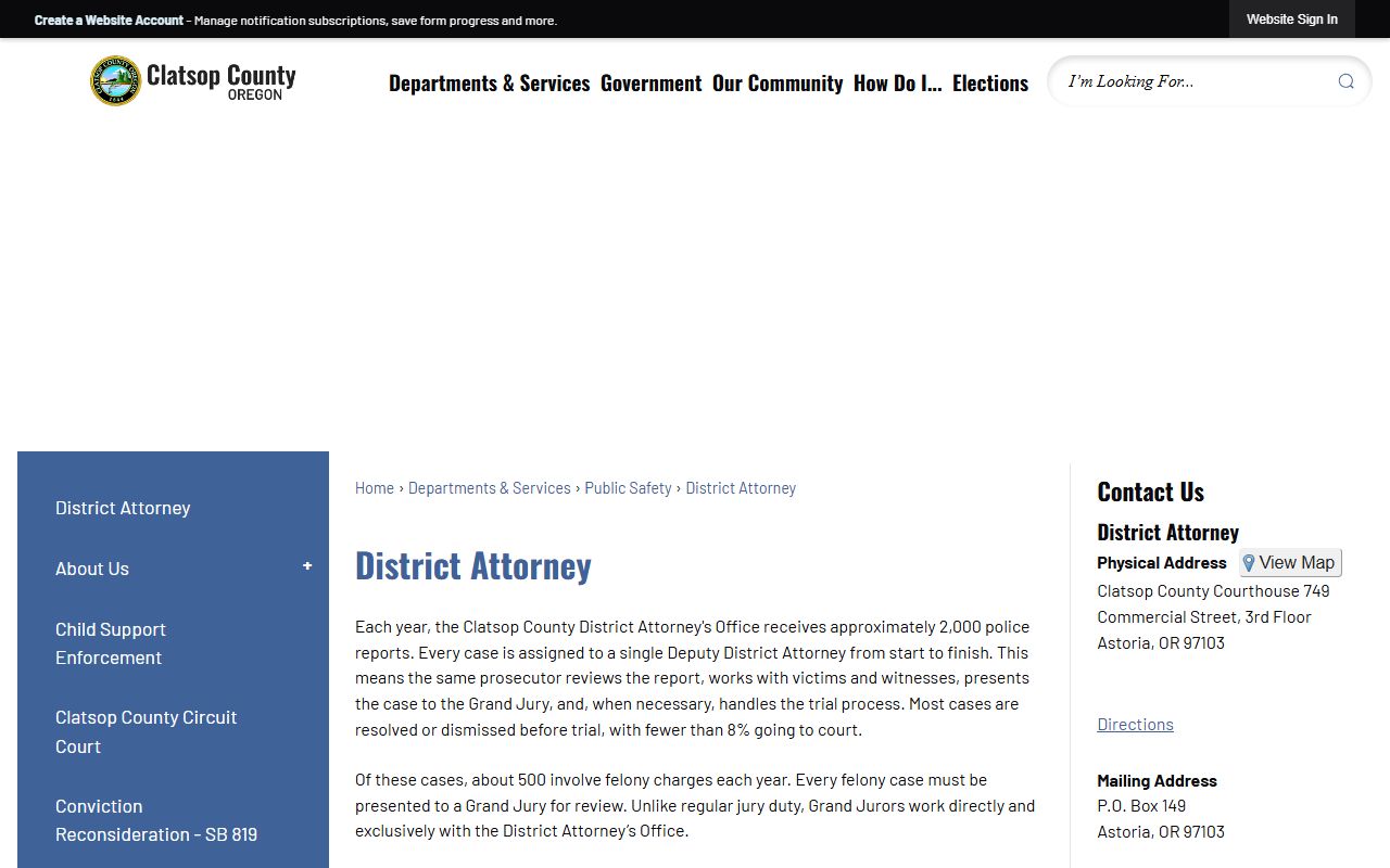 Clatsop County criminal court records District Attorney page