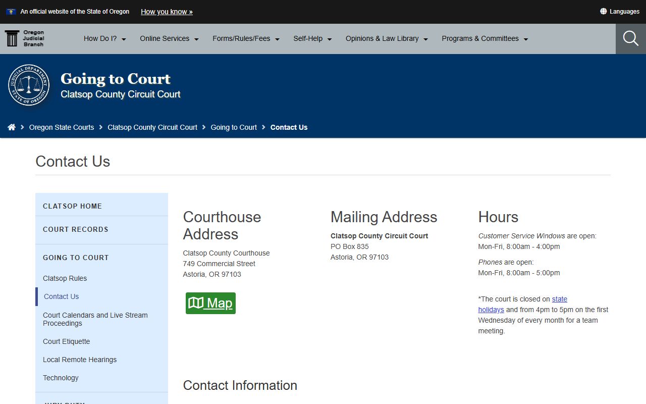 Clatsop County court records Circuit Court contact page