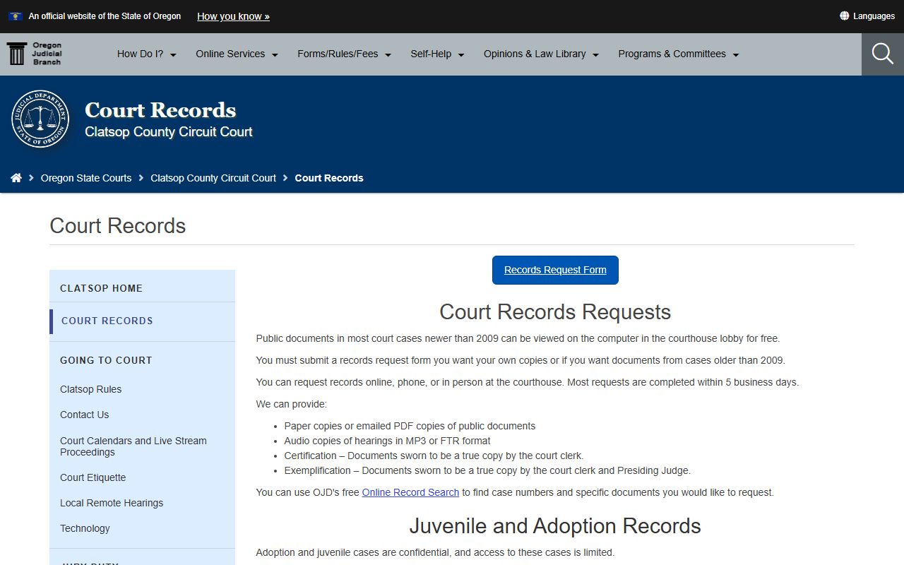 Clatsop County court records Circuit Court records request page
