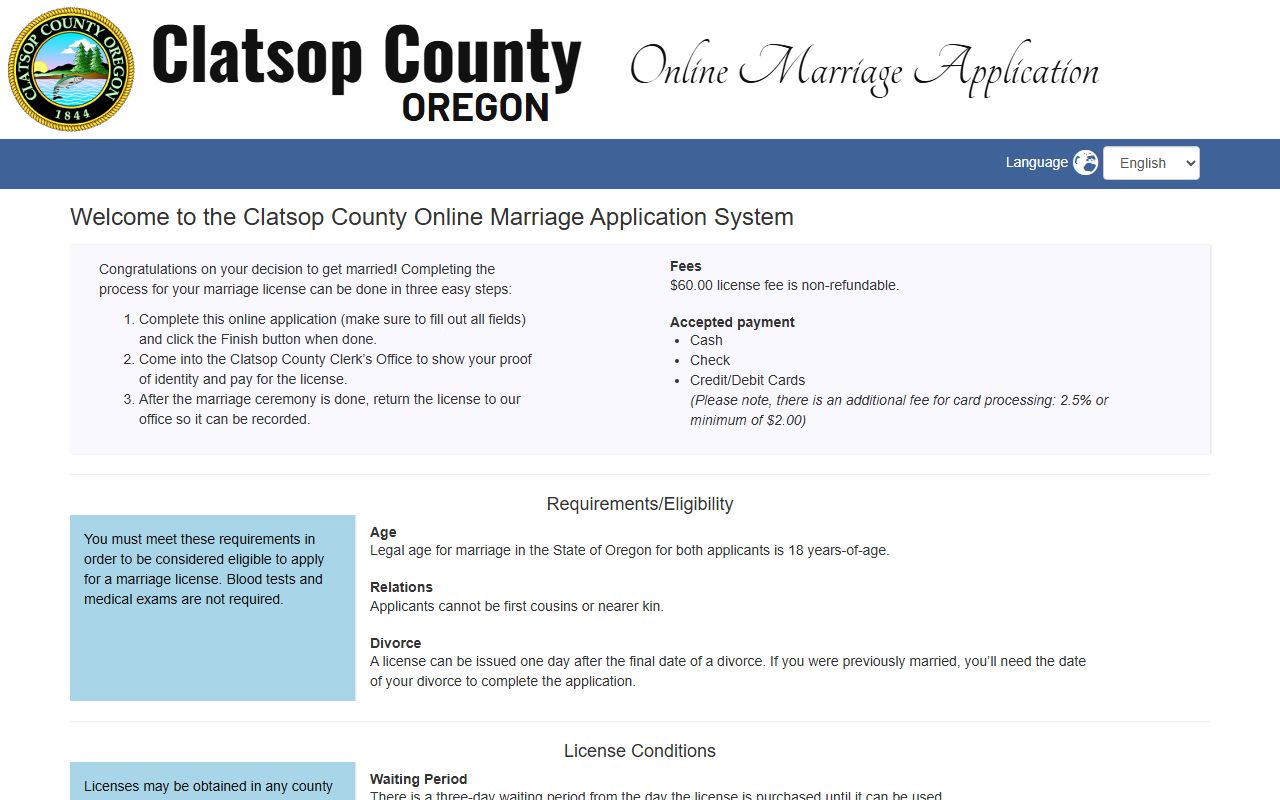 Clatsop County marriage records online application