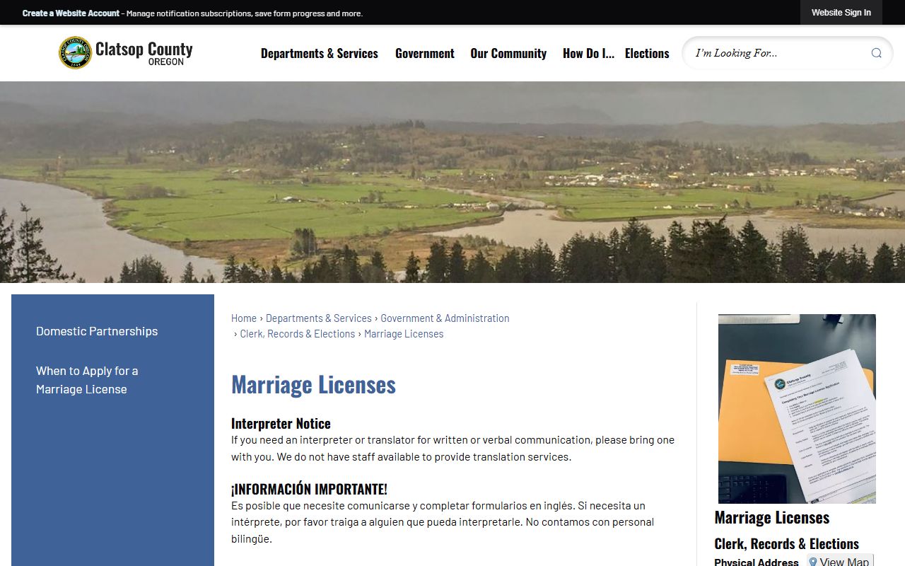 Clatsop County marriage records license page