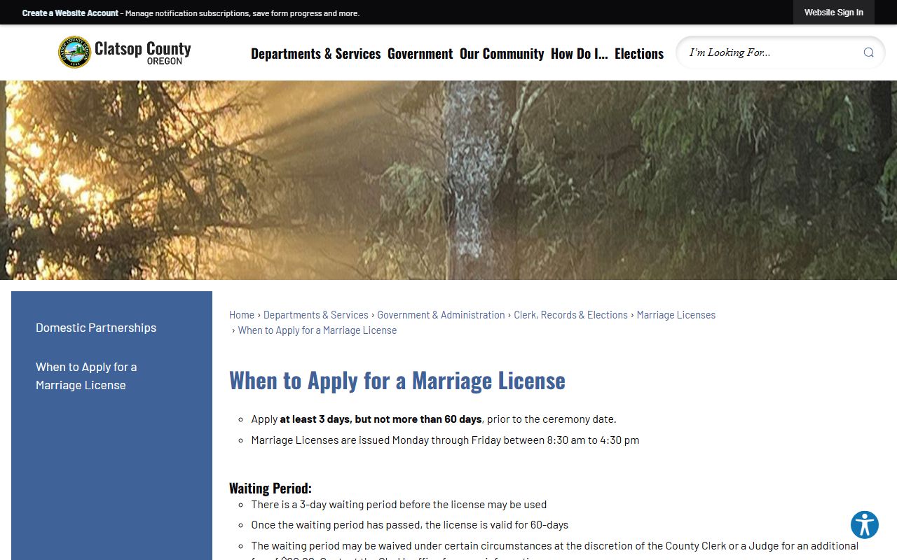 Clatsop County marriage records timing rules