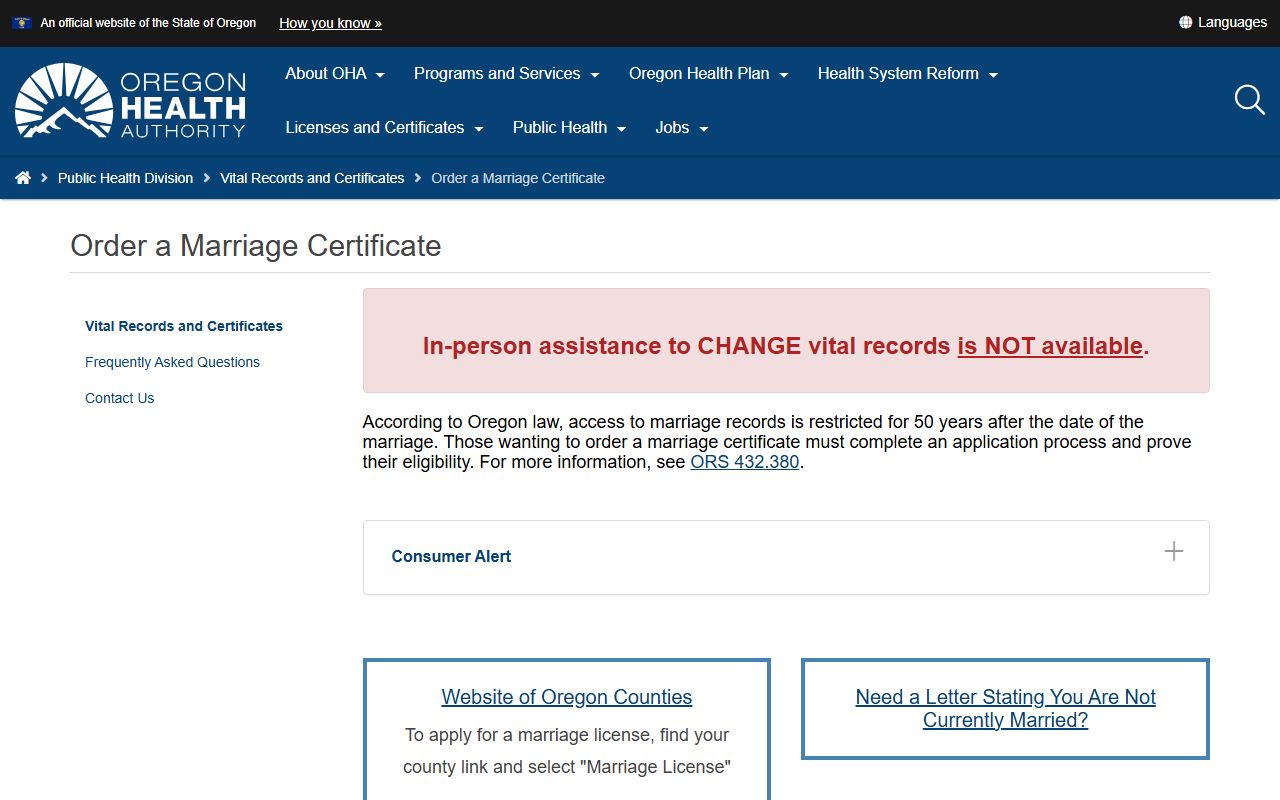Clatsop County marriage records Oregon certificate ordering