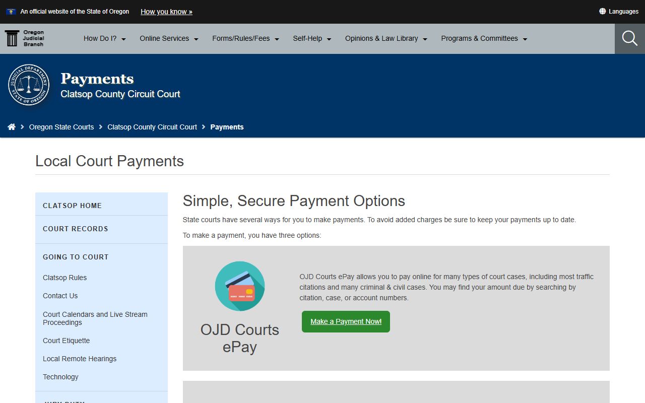 Clatsop County traffic court records payment page